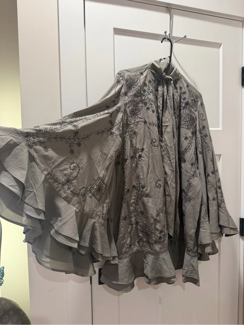 Free People Taupe Floral-Embroidered trumpet sleeve ruffle Dress - Picture 1 of 11